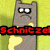 Pixelated gray cat-like figure with wide eyes and downturned mouth against yellow-green background, red text banner across lower portion.