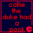 Four identical display red pixelated text on dark blue background with a small red Pac-Man icon, each showing the phrase 'callie the duke had a pook' in consistent layout
