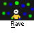 Animated contact sheet showing 11 frames of a yellow stick figure dancing under colorful dots with 'Rave' text below each frame.