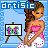 Pixel art of a woman in a pink and white dress holding an easel with colorful abstract painting, displayed across four