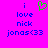 A static pixel art image with a bright pink background, blue text reading 'i love nick jonas<33', and a green heart symbol above the text.