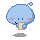 Pixelated blue character with pink cheeks, small blue eyes, and a light brown rectangular mouth prop, standing on a gray shadow against a light gray background.