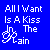 Blue background with repeated white text "All I Want Is A Kiss The Train" and stylized 'T' symbols, scattered light blue pixelated shapes.