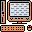 Pixel art of three orange computer monitors with light blue screens showing gray horizontal lines, arranged in a with keyboards and side on a gray background