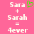 Pixelated text on pink background shows 'Sara + Sarah = 4ever' with green heart symbol above Sara in left , identical right without heart