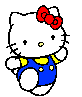 Pixelated white cat with red bow, blue overalls with yellow accents, and yellow nose, shown in six sequential poses against gray background.