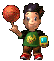 Pixelated character in green shirt with yellow symbol, brown pants, red shoes holding orange ball and blue-yellow device across six sequential poses.