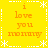 Yellow background with orange text "i love you mommy" repeated in four quadrants, white star and dotted line borders.