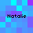 Pixelated of blue and purple squares with four instances of the text 'Natalie' in black pixel font across different positions