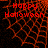Red 'Happy Halloween' text over a dark red web pattern on black background, with one showing gray space
