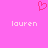 Pink background with a pixelated heart icon above two instances of the text 'lauren' in white.