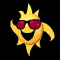 Yellow sun-shaped character with red sunglasses, smiling face, and multiple arm positions against black background.