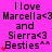 A static image with a bright pink background displays repeated text and symbols in black, red, and gray. The text reads "I love Marcella<3 and Sierra<3 Besties^^" across multiple