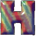 A static, stylized letter H with a vibrant tie-dye pattern featuring red, green, blue, and yellow hues on a gray background.