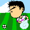 Pixelated character with black spiky hair and a black eye patch, wearing a white shirt with pink accents, holding a soccer ball on a green field with blue sky and clouds.