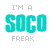 Animated contact sheet of 25 frames showing a text-based buddy icon with changing colors and small heart accents, displaying "I'M A SOCO FREAK" in pixelated font on white background.