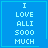 Blue square icon with white pixelated text reading "I LOVE ALLI 5000 MUCH" and a small cyan heart symbol in the bottom-right corner.