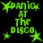 Green pixelated text 'PANIC AT THE DISCO' with star symbols on black background, arranged in four quadrants with slight variations in star placement.
