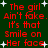 Red pixelated text on dark green background with white starbursts, repeating 'The girl Ain't fake. It's that smile on Her face' in two