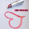 A static image of a silver lipstick tube with red tip above a pink heart outline, repeated in a with text "MAKE-UP=LOVE" in pink boxes