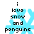 Pixelated blue snowflake icon with black text reading "i love snow and penguins" on white background.