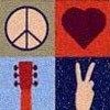 Four distinct icons arranged in a 2x2 grid: peace symbol, heart, guitar headstock, and peace hand gesture on colored backgrounds.