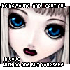 identical cartoon-style faces with blue eyes and red lips, each displaying text below the face