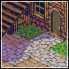 Pixel art scene of a stone building with arched doorway, wooden beams, and cobblestone paths surrounded by greenery.