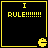 Four identical black square with yellow borders display 'I RULE!!!!!!!!' text and a yellow Pac-Man icon in the bottom-right corner of each