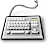 Pixelated grayscale keyboard with black outline, yellow indicator light, and curved cable extending from top-right corner against gray background.