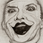 Pixelated grayscale image of a face with wide eyes, a broad open mouth, and a slightly tilted head, rendered in a low-resolution style.