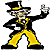 Pixelated character in black and yellow attire with top hat, one hand on hip, the other raised; background split between white and teal-gray.
