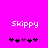 Pixelated 'Skippy' text above a of five icons on bright pink background, with one purple icon among four black ones