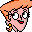 Pixelated cartoon character with pink skin, orange hair, and a red mouth detail on a gray background.