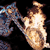 Two pixelated figures on a black background: one blue-gray figure with a dark eye and light blue accents, and one beige figure with a bright white highlight on its chest.