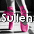 Pixelated image of two pink high-heeled shoes with white accents on a black and gray striped background, overlaid by bold white text reading "Sulley".