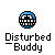 Pixelated icon of a blue and black disco ball with white reflective squares above text reading 'Disturbed - Buddy' in blocky font.