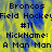 Pixelated text displays 'Broncos Field Hockey #11 NickName: A Man Man' over a yellow and blue background with visible compression artifacts.