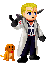 Pixelated character with blonde hair and blue eyes in white lab coat, dark pants, black gloves, holding black pistol, standing next to small brown dog on gray background.