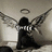 A pixelated angel figure with wings and halo appears in a grayscale room, accompanied by fragmented text phrases on black backgrounds.