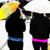 Two pixelated figures in black attire with colored belts, one holding a yellow and orange umbrella against a white background.