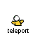 Pixelated character with white head and yellow shirt in multiple poses above text 'teleport' on gray background.