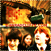 Animated sequence showing two characters in school uniforms with red ties against a warm-toned background featuring 'HP' text and a green object, cycling through facial expressions.