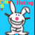 Animated pixel art of a white rabbit with pink nose and blue eyes, smiling widely against bright blue background with colored squares.