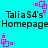 Cyan background with black text reading "Talia S4's Homepage" and pink square-based pixel art icons in four corners.
