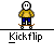 Pixel art character in yellow shirt and blue pants performing a kickflip on a brown skateboard, with multiple poses showing motion progression.