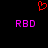 Red pixelated heart symbol above two identical purple 'RBD' text blocks on black background.