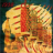 A static pixelated image with a central red vertical shape surrounded by yellow and orange tones, set against a dark blue background.