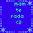 Blue background with green text and white pixelated symbols arranged in a symmetrical pattern