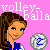 Pixelated cartoon girl with brown ponytail and blue outfit holding a volleyball on pink background with "volley-ball for life" text.